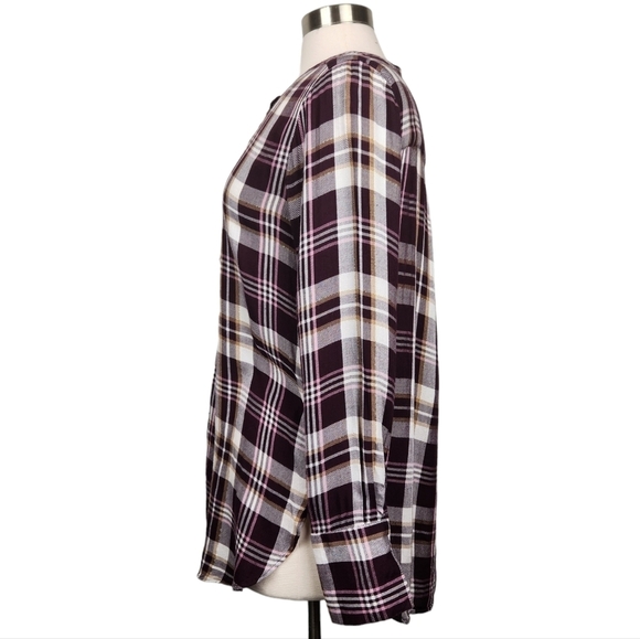 LOFT The Softened Plaid Half Button Gold Shimmer Burgundy Shirt Size Medium - Picture 3 of 9